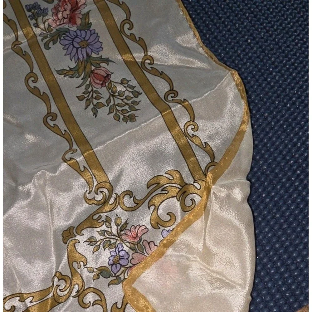 Vintage Silk Scarf White/Gold Multicolor Floral Border Pattern Table Linen
